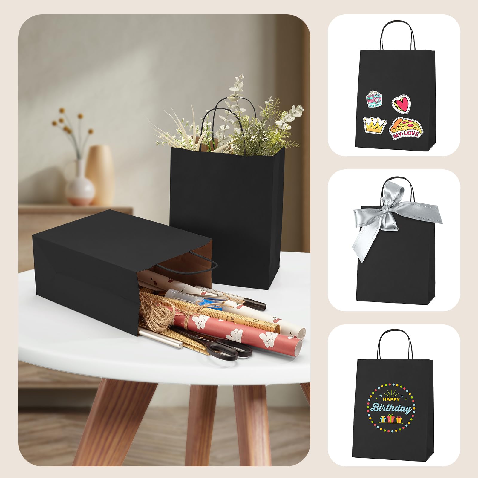 MESHA Black Gift Bags 5.25x3.75x8 Inches 100Pcs & 8x4.75x10.5 Inches 50Pcs Kraft Paper Bags with Handles Small Shopping Bags,Wedding Party Favor Bags