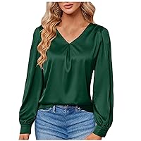 Spring Tops for Women 2024 Trendy Satin V Neck T Shirts Dressy Casual Work Blouse Fashion Cute Summer Clothes