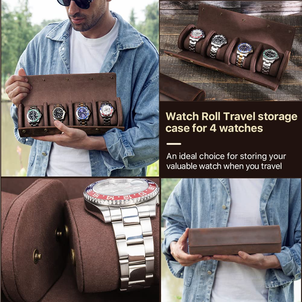 Contacts Leather Watch Roll Travel Watch Case 4 Slots Crazy Horse Leather Watch Box Organizer for Men Storage Display Protector Pouch (for 4 Pieces Watches)