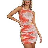Women's Round Neck Beach Skinny Dress Color Block Sleeveless Knee Length Tie Dye Dress Casual Summer Ombre Slim