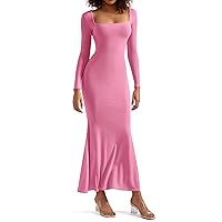 SUUKSESS Women Ribbed Maxi Long Sleeve Dress Square Neck Sexy Bodycon Dresses