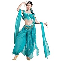 Arabian Jasmine Costume for Women Princess Dress Up Halloween Belly Dance Top Pants 4 Piece Outfit
