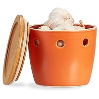 ONEMORE Large Garlic Keeper with Lid, Ceramic Garlic Saver 5 inch, Garlic Keeper for Counter, Orange