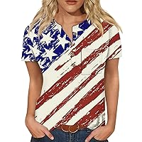 Women 4th of July Shirt 2024 Henley Tops Button Up Short Sleeve Tunic Tops America T Shirts Patriotic Graphic Tees