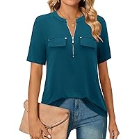 Bulotus Women's Zip Front V-Neck Short Sleeve Work Casual Top Blouse Shirt (Solid and Plaid)