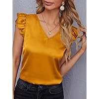 Womens Summer Tops Neck Ruffle Armhole Blouse (Color : Ginger, Size : X-Small)