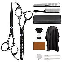 11Pcs Hair Cutting Scissors Kit, ULG Professional Hair Scissors Cutting Set with Stainless Steel Thinning Scissors, Comb, Barber Shears, Cape, Black Hairdressing Shears Set for Barber, Salon, Home