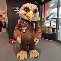 Brown Haast'S Eagle mascot costume character dressed with a Overalls and Earrings