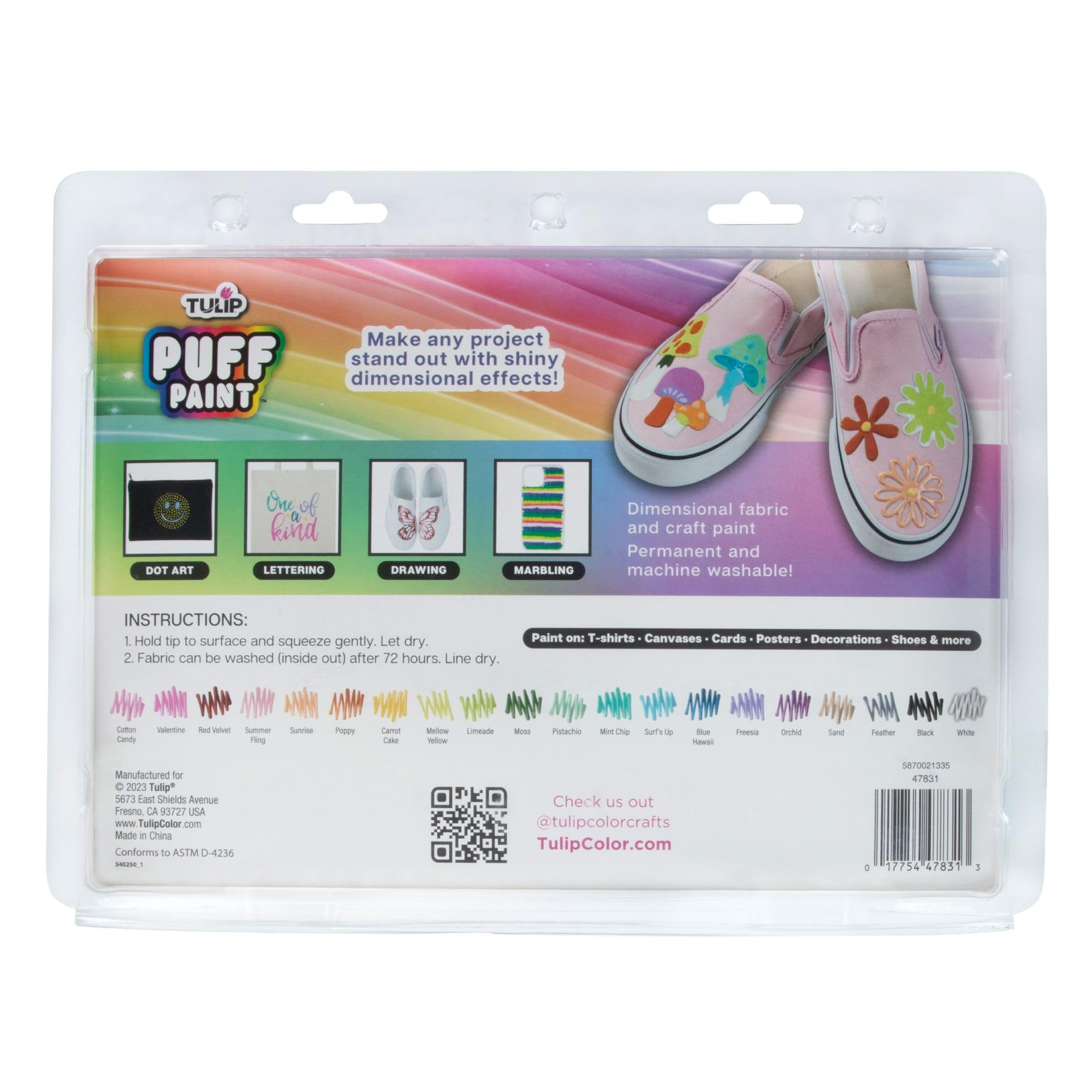 TULIP Puff Paint 20 Pack, Mellow Rainbow, Dimesnional Fabric Paint Party Pack