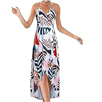 Women's Bohemian Swing Print Beach Sleeveless Long Round Neck Trendy Glamorous Dress Casual Loose-Fitting Summer Flowy