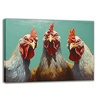 Chicken Rooster Canvas Wall Art, Three Roosters Staring Poster Print Funny Farmhouse Roosters Animals Painting Picture for Kitchen Dining Room Decor(Artwork-02, 24