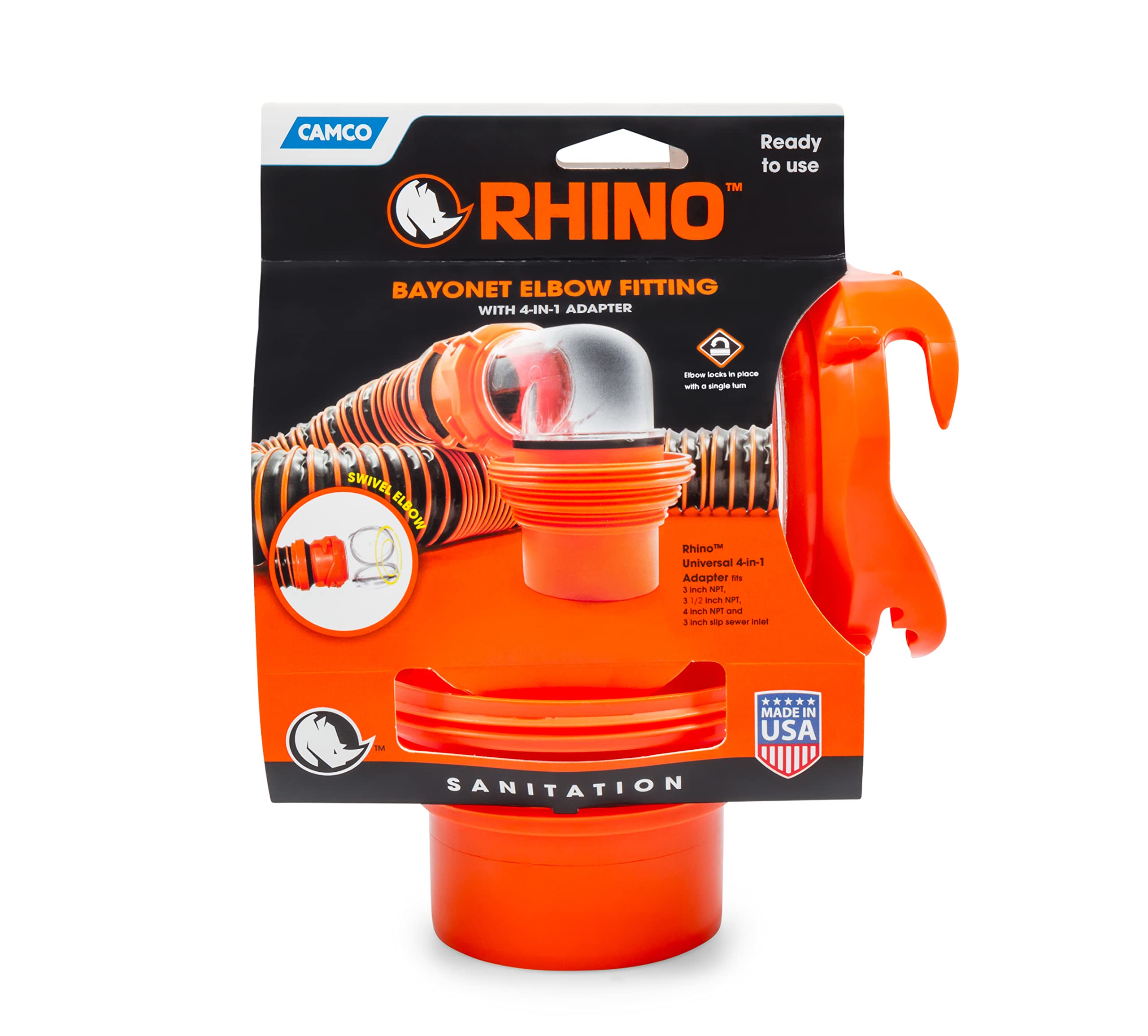 Camco RhinoFlex Clear RV Sewer Hose Elbow with 4-in-1 Adapter | Features a 360-Degree Fitting Rotation and Built-in Gasket for Odor-Tight Protection | Fits 4 Sizes of Dump Station Inlets (39736)