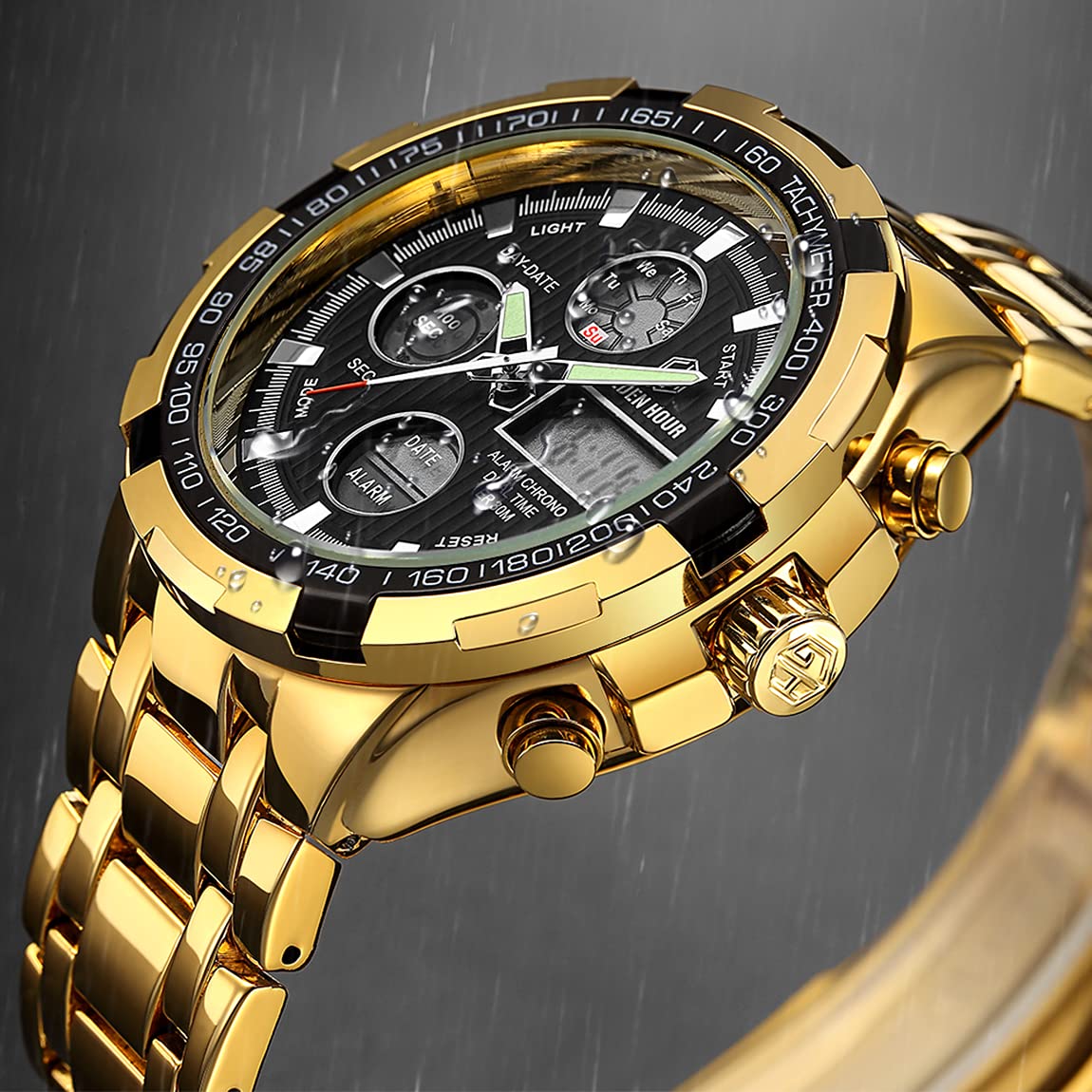 Luxus Mode Herren Uhren Edelstahl Schwer Klobig Sport Chronograph Wasserdicht Gold Zweifarbig Datum Alarm Multifunktions Analoge Digitale Uhr