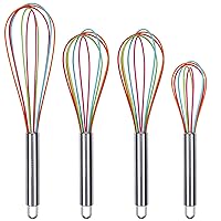 Webake Silicone Whisk Set of 4 Hand Wire Balloon Wisks 8 inch 10 Inch 12 inch for Cooking Egg Dough (Rainbow Color)