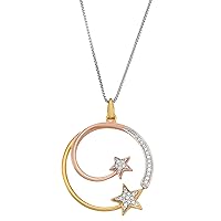 Yellow Gold Over Silver 1/6 CTTW Diamond Two Star Circle Pendant Necklace