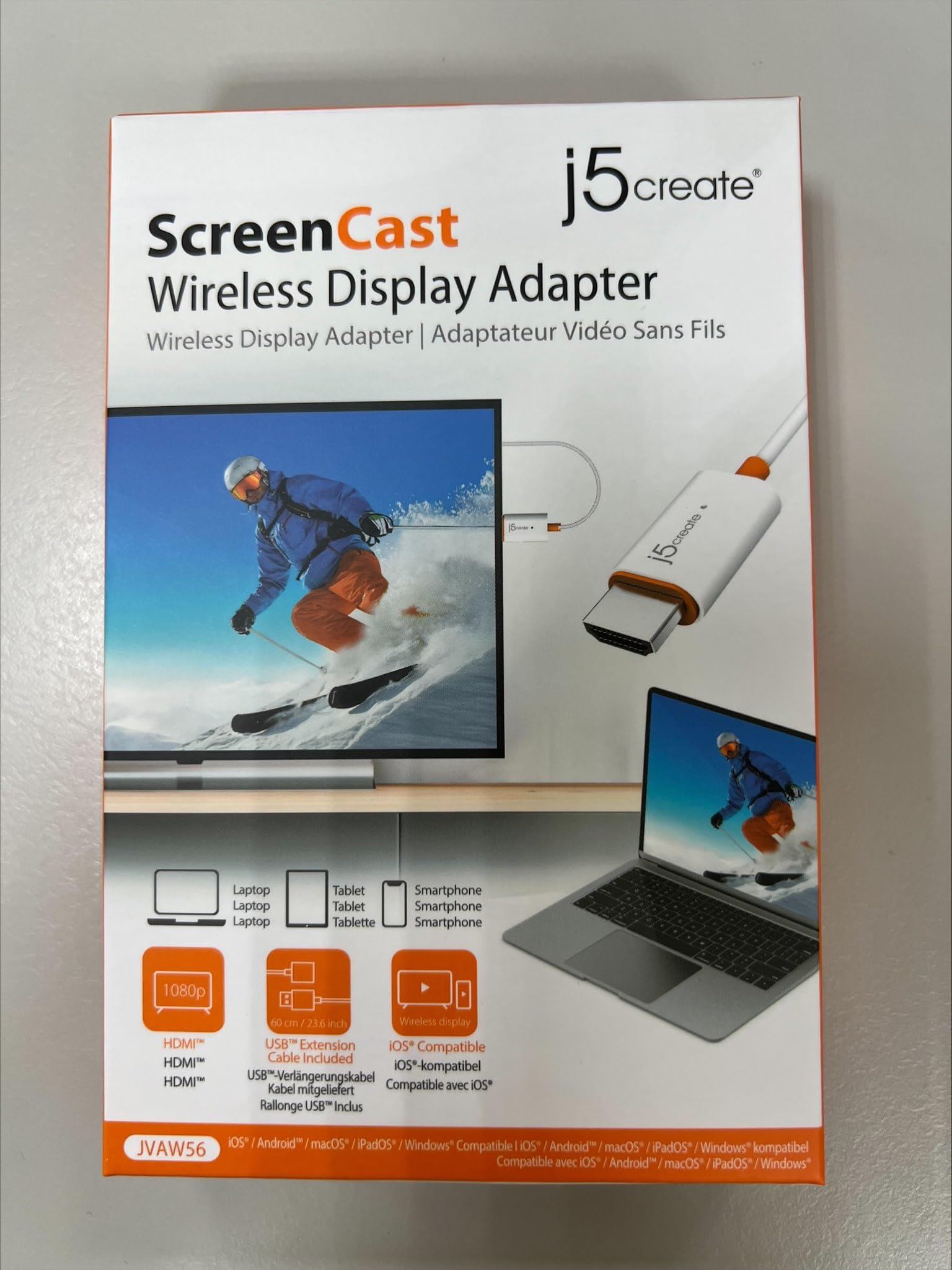j5create ScreenCast HDMI Wireless Display Adapter Receiver - Mirror Phone, Tablet, Laptop to HDTV - Compatible with MiraCast, AirPlay, Android, Windows 10 PC, iOS, iPhone, Tablet (JVAW56)