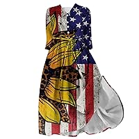 Funny Leopard Sunflower A-Line Dress Women July 4th Patriotic 3/4 Sleeve Henley Shirt Dress USA Flag Lace-Up Dresses