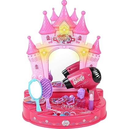 TeganPlay Dresser Vanity Beauty Set - Princess Pretend Play Dressing Table Top Set with Mirror, Makeup, Jewelry and Accessories - Music and Lights for Little Girls