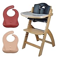 Abiie Beyond Junior Natural Wood/Black Cushion Convertible 3-in-1 Wooden High Chairs for 6 Months to 250 lbs, and Ruby Wrapp Terra Cotta & Apricot Blush Silicone Bibs w/Front Pocket - Baby Essentials