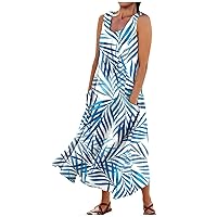 Dresses for Women 2024 Casual Summer Casual Fashion Printed Sleeveless Round Neck Pocket Dress