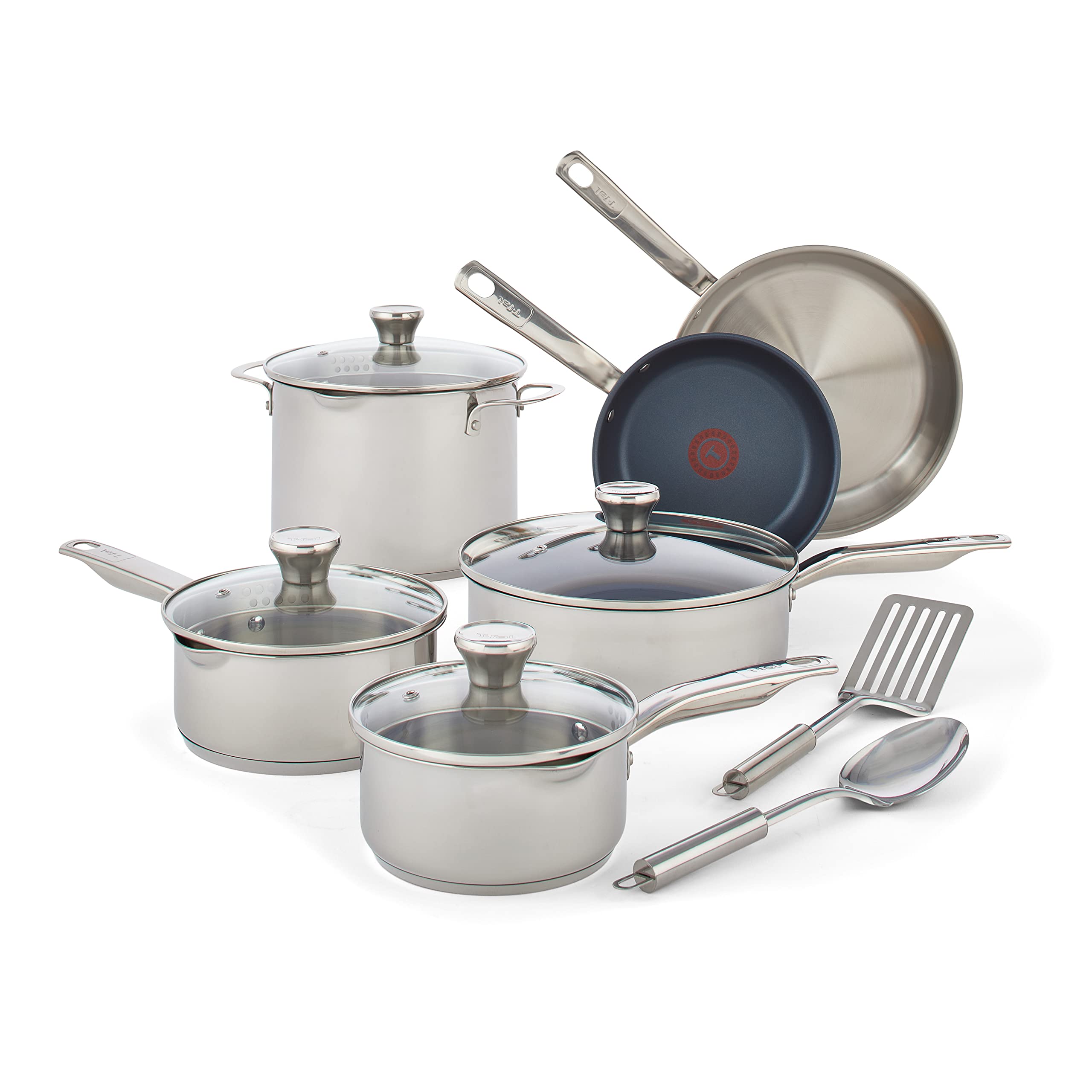 T-fal Platinum Stainless Steel with Nonstick Pan Cookware Set 12 Piece Induction Pots and Pans, Dishwasher Safe Silver