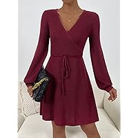 Women's Fashion Dress -Dresses Surplice Neck Drawstring Waist Sweater Dress Sweater Dress for Women (Color : Burgundy, Size : Large)