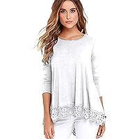 Andongnywell Women's Loose Round Neck Long Sleeve Lace Shirt Dresses Long Laces Tunic Blouses T Shirts (White,Large)