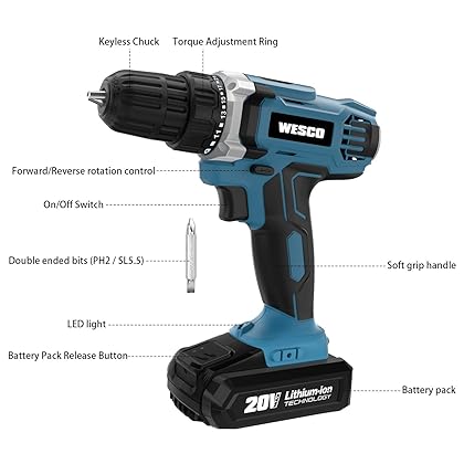 Cordless Drill,WESCO 20V Power Drill Cordless,with Li-ion Battery,Electric Drill with Variable Speed, 21+1 Torque Setting, 3/8 inch Keyless Chuck, Variable Speed and LED light, Belt Clip