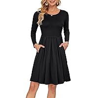 AUSELILY Women's Long Sleeve Pleated Loose Swing Casual Dress with Pockets Knee Length