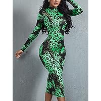 TLULY Dress for Women Leopard & Tiger Skin Print Mock Neck Bodycon Dress (Color : Multicolor, Size : Large)