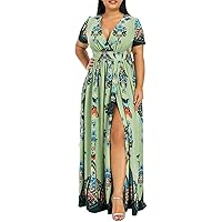 Womens Plus Size Summer Dresses Sexy Deep V Neck Short Sleeve Maxi Dress Floral Print Slit Evening Party Flowy Swing Dress