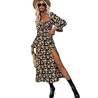 Dresses for Women 2023 Long Sleeve Dress Floral Print Square Neck Flounce Sleeve Split Thigh Long A-Line Dress