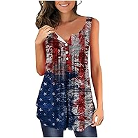 Womens American Flag Henley Tank Tops Tie Dye Distressed Pleated Tunic Shirts Summer Casual Sleeveless Blouses