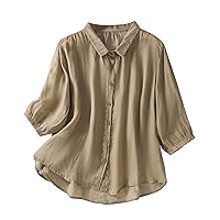 Women's Cotton Linen Button Down Embroidery Tunic Tops Blouse