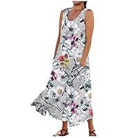 Linen Dress for Women Summer Flowy Tank Dress Casual Sleeveless Long Dress Printed Maxi Dresses with Pockets