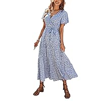 Women's V-Neck Floral Long Dress Summer Print Swing Maxi Dress with Belt