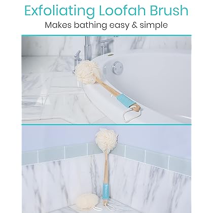 Vive Loofah Sponge Back Scrubber - Men & Women Long Handled Exfoliating Bath & Shower Body Brush - Handheld Luffa Pouf on a Stick for Body, Face Washing - Spa Wash Lufa
