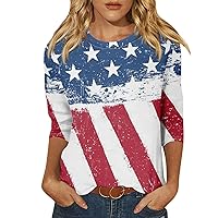 Fourth of July Shirts 3/4 Length Sleeve Womens Tops American Flag T-Shirt Star Stripes Graphic Tee Patriotic Blouse