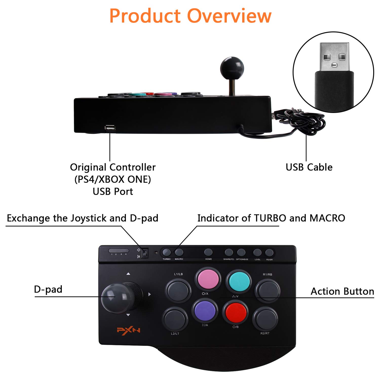 PXN X9 Fighting Joystick DIY Sawan Arcade Joystick, Arcade Fight Stick with Turbo ＆ Macro and DP LS RS Functions, Compatible Android, TV, PC, PS3,
