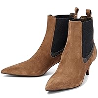 LEHOOR Women Kitten Heel Elastic Chelsea Ankle Boots Pointed Toe Pull On Low Heel Stretchy Suede Leather Short Combat Boots Two Tone Vintage Dress Boot Elegant Comfortable Fall Winter Shoes 4-11 M US