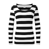 Women's Long Sleeve Striped T-Shirt Causal Scoop Neck Shirt