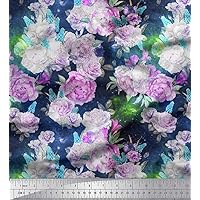 Soimoi Velvet Fabric Leaves,Grape Hyacinth & Denmark Rose Flower Printed Fabric 1 Yard 58 Inch Wide