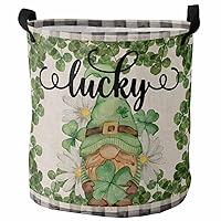 Laundry Baskets Green Lucky Clover Gnome Collapsible Clothes Hamper Buffalo Plaid Foldable Freestanding Laundry Hamper with Handle Storage Basket for Laundry 13.8x17in