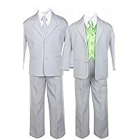 Unotux 7pc Boys Silver Suit with Satin Lime Green Vest Set from Baby to Teen