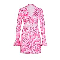 Dresses for Women - Marble Print Tie Front Flounce Sleeve Cut Out Waist Bodycon Dress