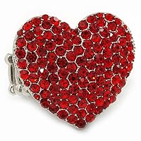 Rhodium Plated Diamante Paved 'Be Mine' Heart Shaped Cocktail Stretch Ring - 3cm Length - Adjustable Size 7/8