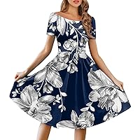 Womens Short Sleeve Midi Dress Trendy Plus Size Ruched Flowy A Line Dress Elegant Formal Floral Casual Pleated Dress