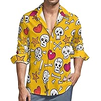 Skulls and Hearts Bones Men's Button Down T Shirts Long Sleeve Casual Hawaiian Shirt Pocket Print Top