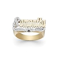Lee113dZ Personalized Gold 10mm Size Pave cut on First Letter and Double Heart Tail Name Ring