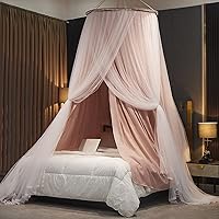 Luxurious Bed Canopy for Girls & Adults, Large Elegant Double Layer Bed Curtain Canopy Drapes, Round Dome Lace Princess Canopies Netting (Pink)